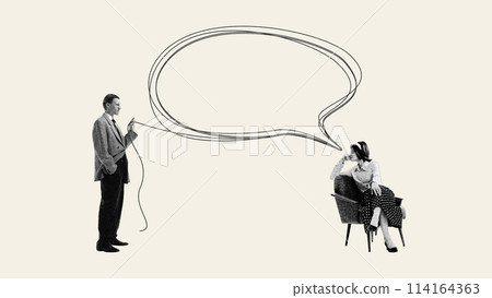 Finding connect. Woman with speech bubble over head looking at man holding line to her, dialogue. Contemporary art collage. Finding connect. Woman with speech bubble over head looking at man holding line to her, dialogue. Contemporary art collage. 114164363
