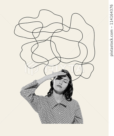 Young woman with chaotic lines over head. Cognitive chaos, mind enveloped by jumble of thoughts. Contemporary art collage. Young woman with chaotic lines over head. Cognitive chaos, mind enveloped by jumble of thoughts. Contemporary art collage. 114164376