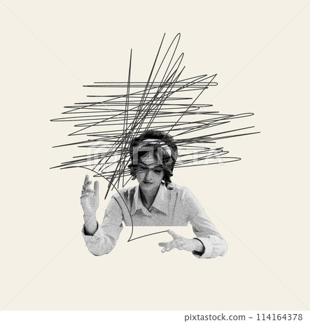 Young woman with chaotic lines over head, suffering from tangled thoughts and instant overthinking. Contemporary art collage. 114164378