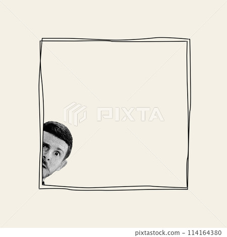Man peeking out from frame symbolizing feeling of being trapped by own thoughts. Inner fears. Contemporary art collage. 114164380