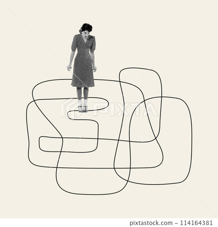 Young woman looking on drawn lines and feeling frustrated and lost. Having no direction to follow. Contemporary art collage. 114164381