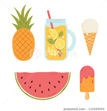 Sweet summer food set. Fruits, ice cream and lemonade. Flat vector isolated illustration 114164503