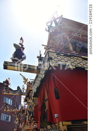 Takayama City, Gifu Prefecture, Japan - A full lineup of floats at the Takayama Festival held in 2017 - the first competition between spring and autumn festival floats in 55 years Takayama City, Gifu Prefecture, Japan - A full lineup of floats at the Takayama Festival held in 2017 - the first competition between spring and autumn festival floats in 55 years 114164516