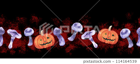 Watercolor Halloween seamless border . Scary Pumpkin, violet purple mushrooms and dried tree branches frame. Watercolor Halloween seamless border . Scary Pumpkin, violet purple mushrooms and dried tree branches frame. 114164539