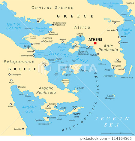 Argo-Saronic Gulf, Saronic and Argolic Gulf of Greece, political map. The peninsulas of Attica and Argolis, the Argo-Saronic Islands, Isthmus of Corinth, Corinth Canal and the Greek capital Athens. Argo-Saronic Gulf, Saronic and Argolic Gulf of Greece, political map. The peninsulas of Attica and Argolis, the Argo-Saronic Islands, Isthmus of Corinth, Corinth Canal and the Greek capital Athens. 114164565