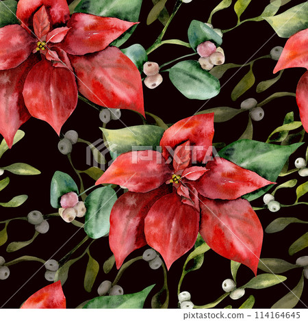 Christmas poinsettia with green omela traditional christmas seamless pattern on black. Botanical winter background on white background for product packing, label, card design 114164645