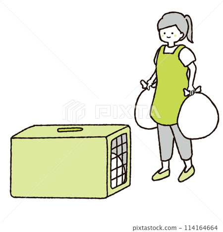 Illustration of a woman throwing away trash at a garbage dump 114164664