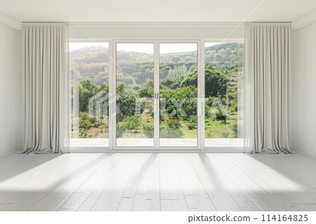Minimal style modern white empty room with open sliding door to terrace overlooking nature view backgroun 114164825