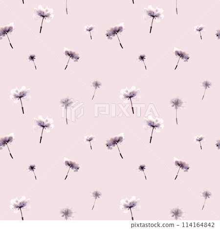seamless pattern with watercolor monochrome silhouette herbs, sketch of blow boll, seeds of dandelion, summer meadow plants, wild field illustration pink background for wedding decoration seamless pattern with watercolor monochrome silhouette herbs, sketch of blow boll, seeds of dandelion, summer meadow plants, wild field illustration pink background for wedding decoration 114164842