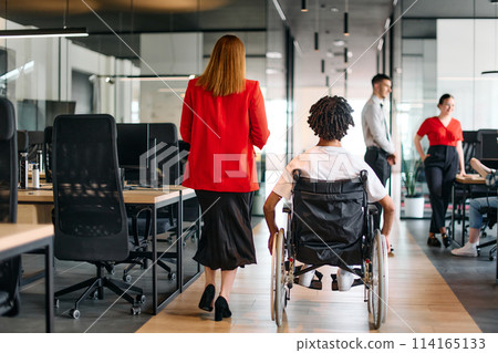 A business leader with her colleague, an African-American businessman who is a disabled person, pass by their colleagues who work in modern offices 114165133