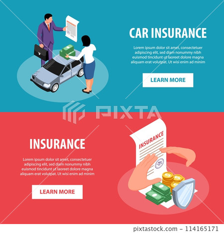 Isometric insurance horizontal banner template collection with car and finance elements 114165171