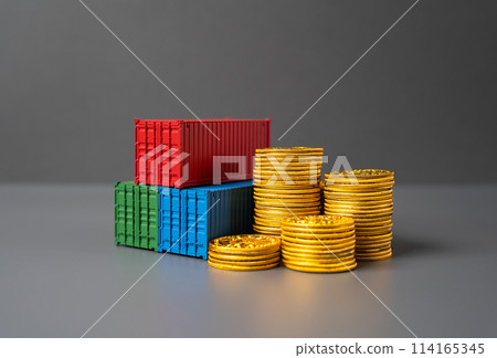 Sea trade containers and a stack of coins. World trade. Prices, tariffs and taxes. Transportation costs. Logistics and transportation of commercial cargo. Sea trade containers and a stack of coins. World trade. Prices, tariffs and taxes. Transportation costs. Logistics and transportation of commercial cargo. 114165345