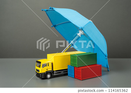Truck with containers under an umbrella. Freight and transport business insurance. Cargo and parcel insurance. Warranty obligations. Logistics security. 114165362