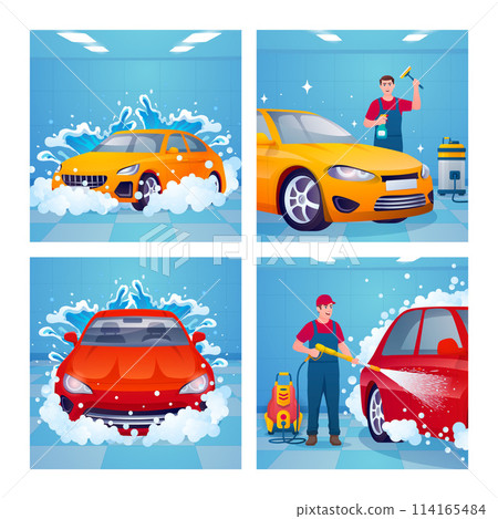 Car wash flat cartoon card set Car wash flat cartoon card set 114165484