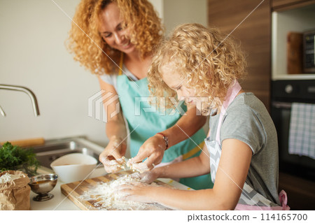 Woman and cute daughter cooking on kitchen, making dough for birthday party. Woman and cute daughter cooking on kitchen, making dough for birthday party. 114165700