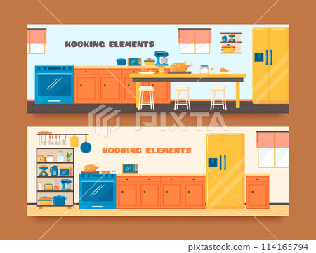 Hand Drawn flat cartoon Cooking elements banner set 114165794