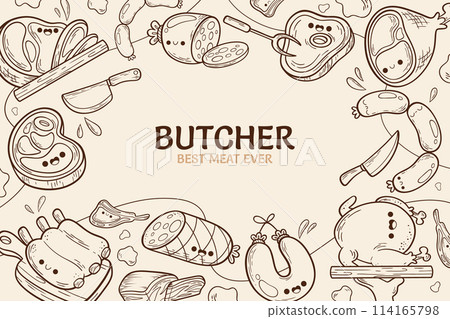 Hand drawn cartoon butchery background with different types of meat 114165798