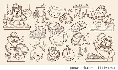 Hand drawn cartoon butchery original elements collection with butchers and different types of meat Hand drawn cartoon butchery original elements collection with butchers and different types of meat 114165803