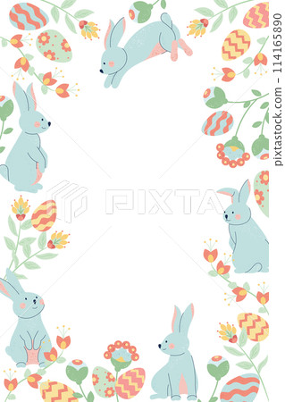 Hand drawn flat easter frame background with rabbits, easter eggs and blooming flowers 114165890
