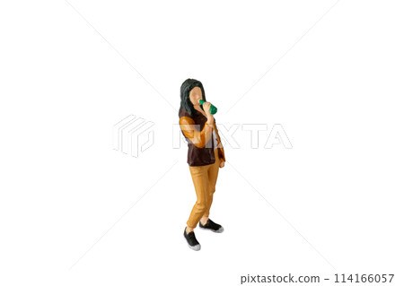 Miniature people , A young lady drinking water from a bottle Isolated on white background with clipping path. 114166057