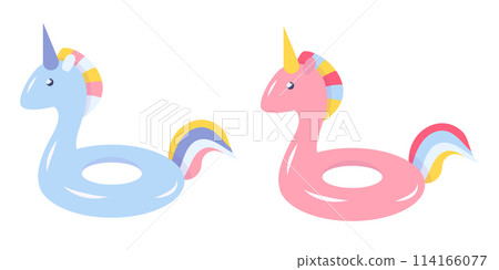 Unicorn shape inflatable swimming ring in flat style. Vector illustration isolated on white background. Unicorn shape inflatable swimming ring in flat style. Vector illustration isolated on white background. 114166077