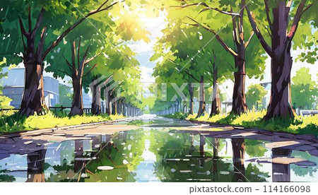 Tree-lined street and puddles after the rain_01_AI generated image 114166098