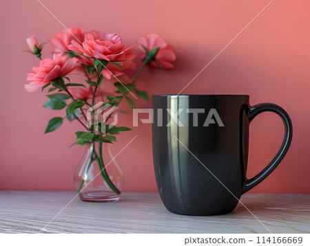 Black coffee mug with customizable space for mockup. Black coffee mug with customizable space for mockup. 114166669