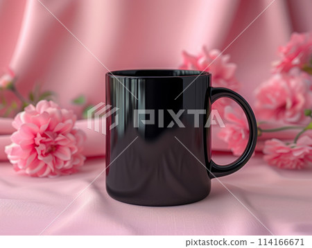 Black coffee mug surrounded by flowers with customizable space for mockup Black coffee mug surrounded by flowers with customizable space for mockup 114166671
