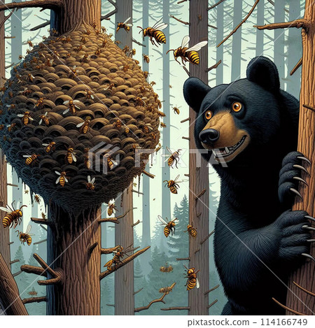 Asiatic black bear targeting a beehive Asiatic black bear targeting a beehive 114166749