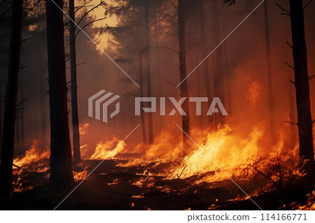 The flames of a forest fire spreading through the trees. AI generated. The flames of a forest fire spreading through the trees. AI generated. 114166771