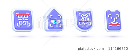 3d scan set for web design. Face id, Finger scan, Eye scan, Qr code scan. Data technology. 3d vector illustration 114166850