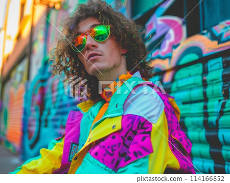 Adult White Man with Brown Curly Hair neon style Illustration. 114166852