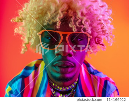 Adult Black Man with Blond Curly Hair neon style Illustration. 114166922