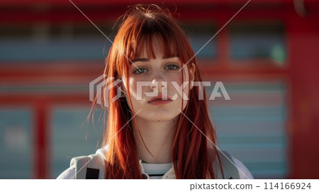 Teen White Woman with Red Straight Hair 1990s style Illustration. 114166924