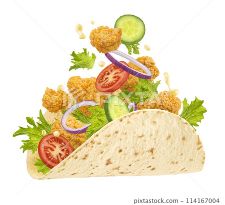 Shawarma or Doner chicken roll with fresh tomato, lettuce salad and sauce splash, tortilla wrap, falling kebab sandwich ingredients isolated on white background, full depth of field 114167004