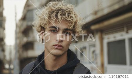 Teen Persian Man with Blond Curly Hair 1990s style Illustration. 114167011