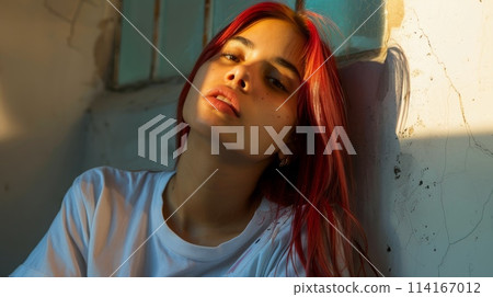Teen Latino Woman with Red Straight Hair 1990s style Illustration. 114167012