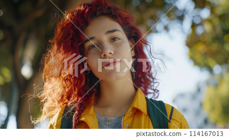 Teen Latino Woman with Red Curly Hair 1990s style Illustration. 114167013