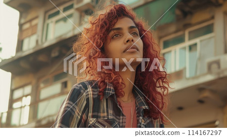 Teen Indian Woman with Red Curly Hair 1990s style Illustration. 114167297