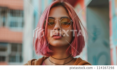 Teen Indian Woman with Pink Straight Hair 1990s style Illustration. Teen Indian Woman with Pink Straight Hair 1990s style Illustration. 114167298