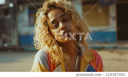 Teen Indian Woman with Blond Curly Hair 1990s style Illustration. Teen Indian Woman with Blond Curly Hair 1990s style Illustration. 114167303