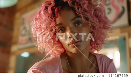 Teen Black Woman with Pink Curly Hair 1990s style Illustration. 114167369