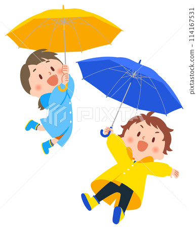 Children wearing rain gear holding umbrellas Children wearing rain gear holding umbrellas 114167531