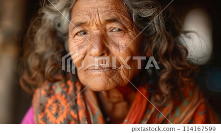Old Indian Woman with Brown Curly Hair 1990s style Illustration. 114167599