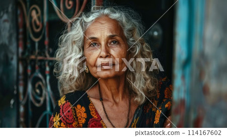 Old Indian Woman with Blond Curly Hair 1990s style Illustration. Old Indian Woman with Blond Curly Hair 1990s style Illustration. 114167602
