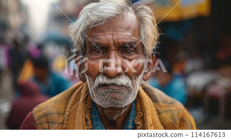 Old Indian Man with Blond Straight Hair 1990s style Illustration. 114167613
