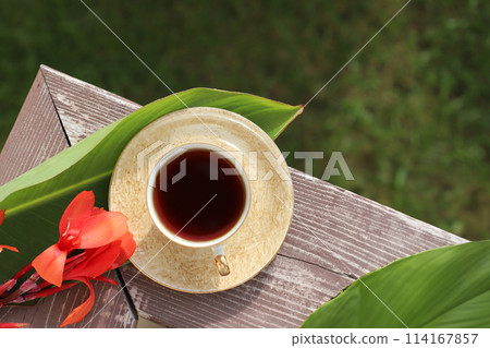 tea cup, tropical green canna leaves and red flower on wooden balcony railing. tea time, morning, relaxation. top view tea cup, tropical green canna leaves and red flower on wooden balcony railing. tea time, morning, relaxation. top view 114167857