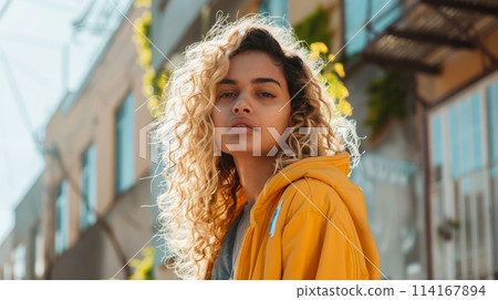 Adult Indian Woman with Blond Curly Hair 1990s style Illustration. 114167894