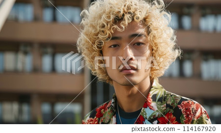 Adult Chinese Man with Blond Curly Hair 1990s style Illustration. Adult Chinese Man with Blond Curly Hair 1990s style Illustration. 114167920