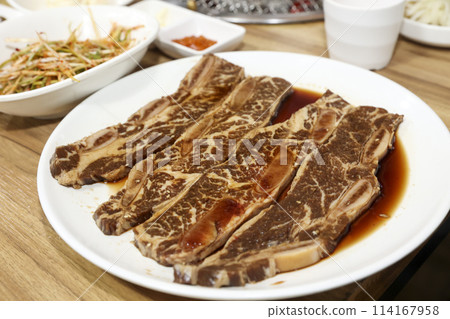 Korean style bbq. Marinated beef ribs 114167958